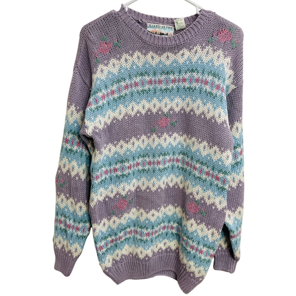 Vintage 90s‎ Mixed Blues Pastel Fair Isle Floral Sweater Cottagecore Grandma M